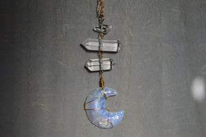 Planets Aligned - Opalite Waning Crescent Moon Brass Necklace