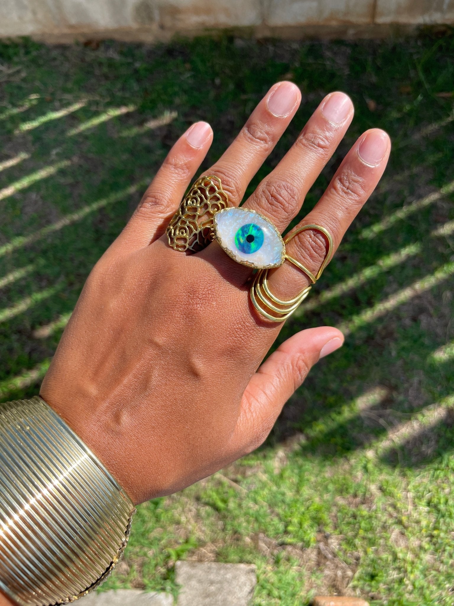 Caught Up - Hand Carved Opal Eye Brass Ring - We Love Brass