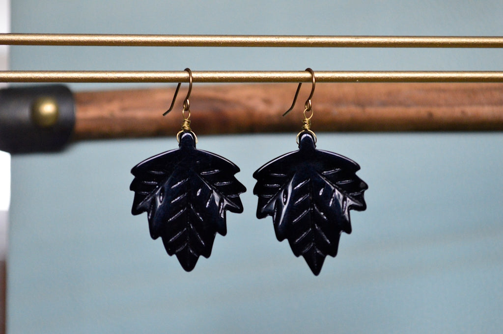 Dark Forest - Glass Black Leaf Earrings - We Love Brass