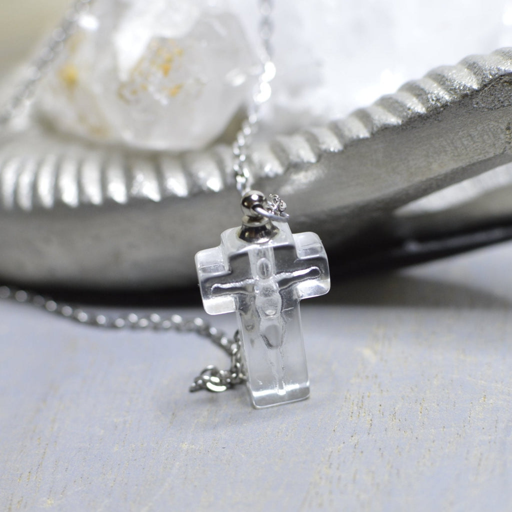 Glass Crucifix Perfume Bottle Necklace - We Love Brass