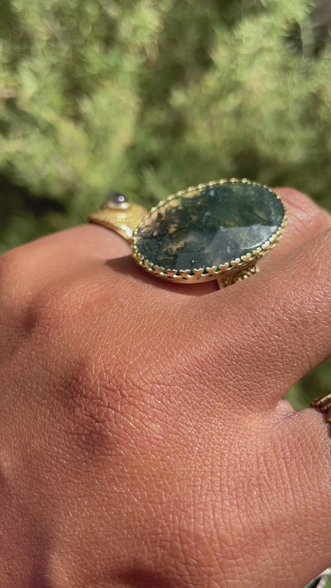 Deep Forest - Faceted Moss Agate Brass Ring