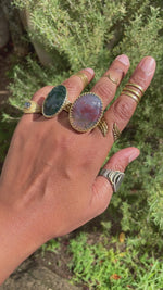Load and play video in Gallery viewer, Softly - Rose and Lilac Colored Brass Moss Agate Ring
