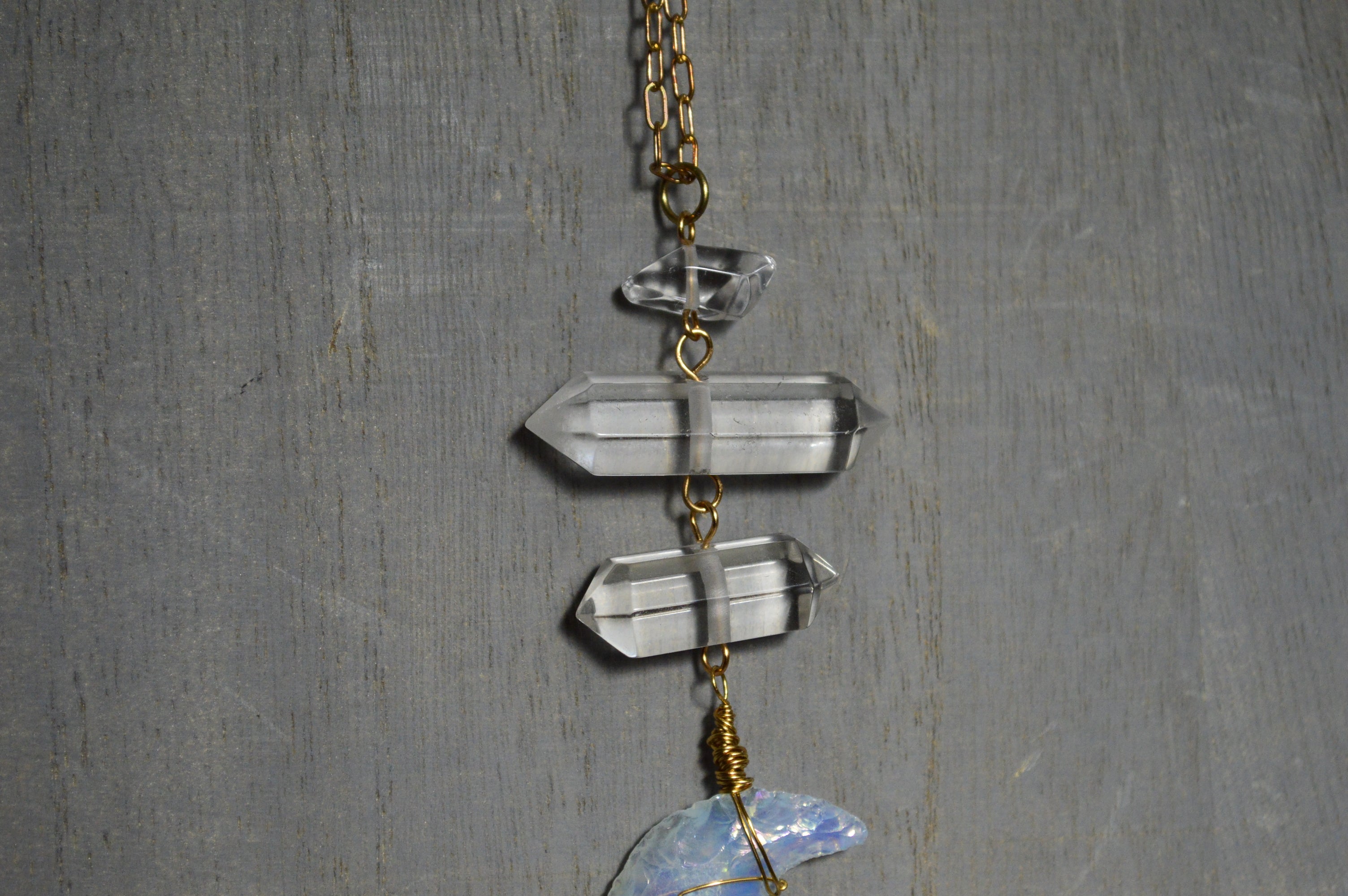 Planets Aligned - Opalite Waning Crescent Moon Brass Necklace