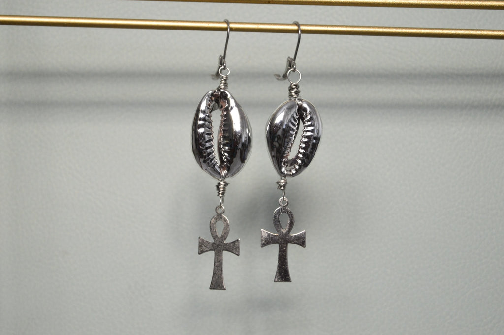 Ankh and Cowrie Shell Earrings - We Love Brass