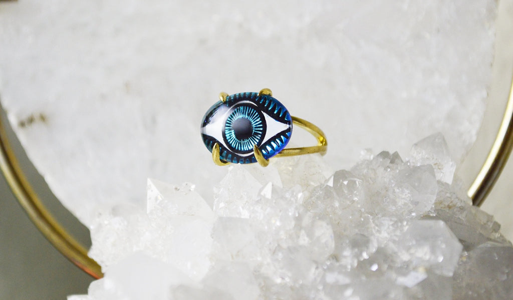 Blue Glass Evil Eye Ring - We Love Brass