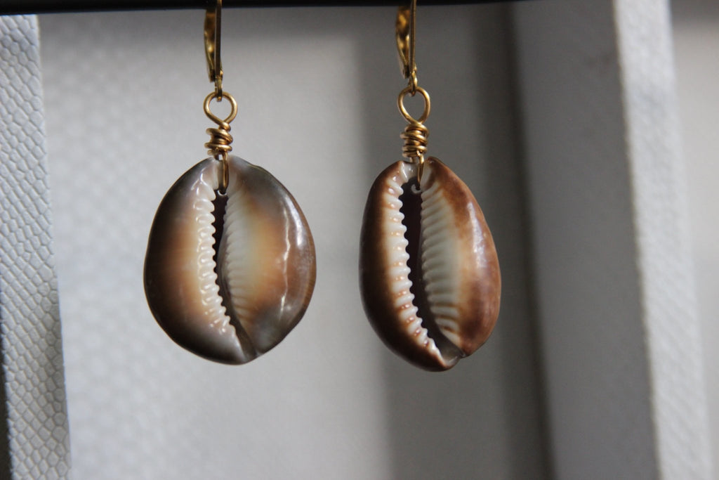 Brown Cowrie Shell Earrings - We Love Brass