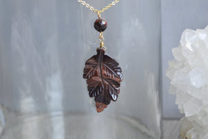Burgundy Tiger's Eye Crystal Leaf Necklace - We Love Brass
