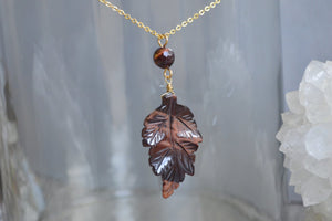 Burgundy Tiger's Eye Crystal Leaf Necklace - We Love Brass