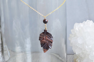 Burgundy Tiger's Eye Crystal Leaf Necklace - We Love Brass