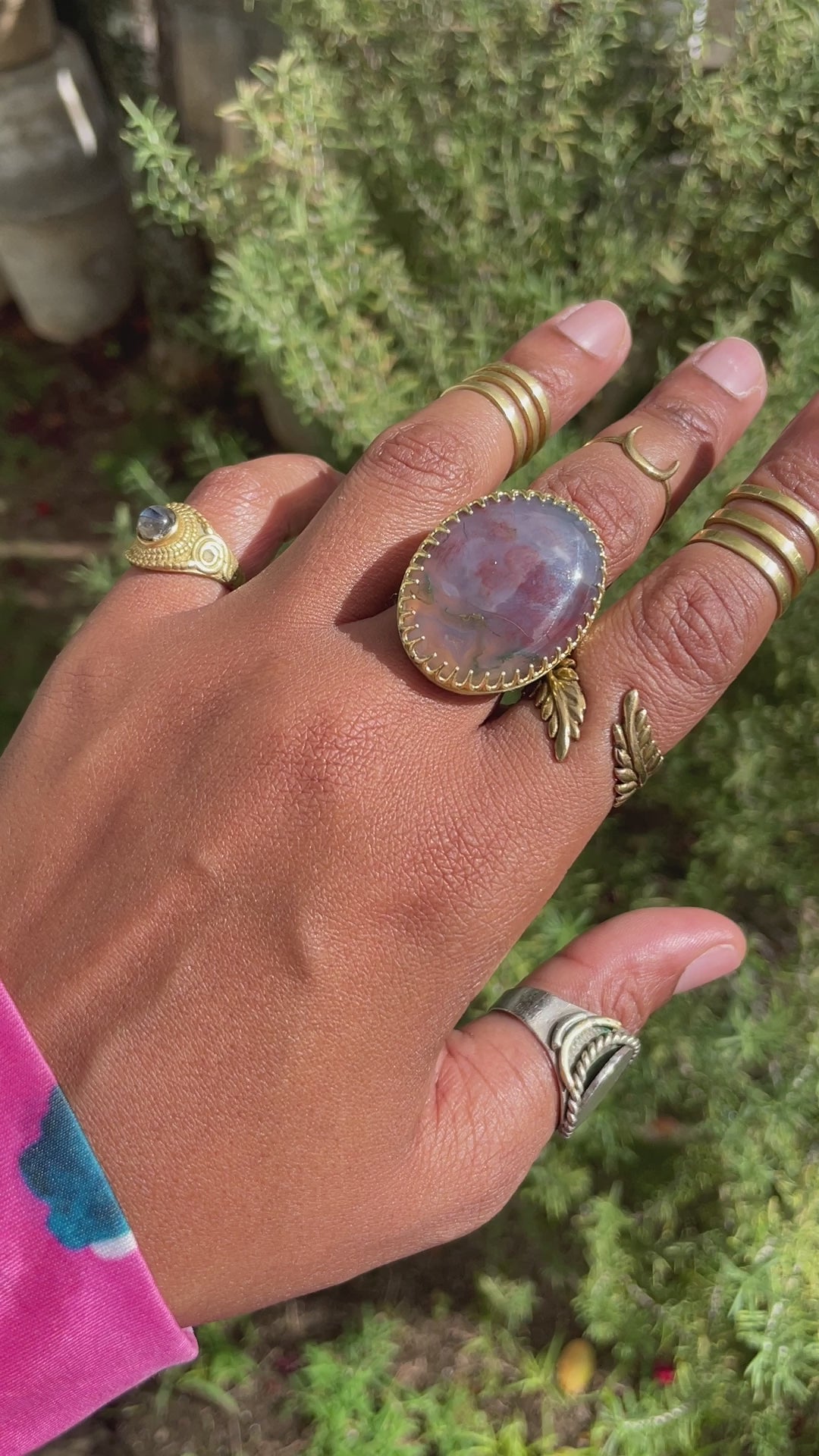 Softly - Rose and Lilac Colored Brass Moss Agate Ring