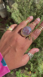 Load and play video in Gallery viewer, Softly - Rose and Lilac Colored Brass Moss Agate Ring
