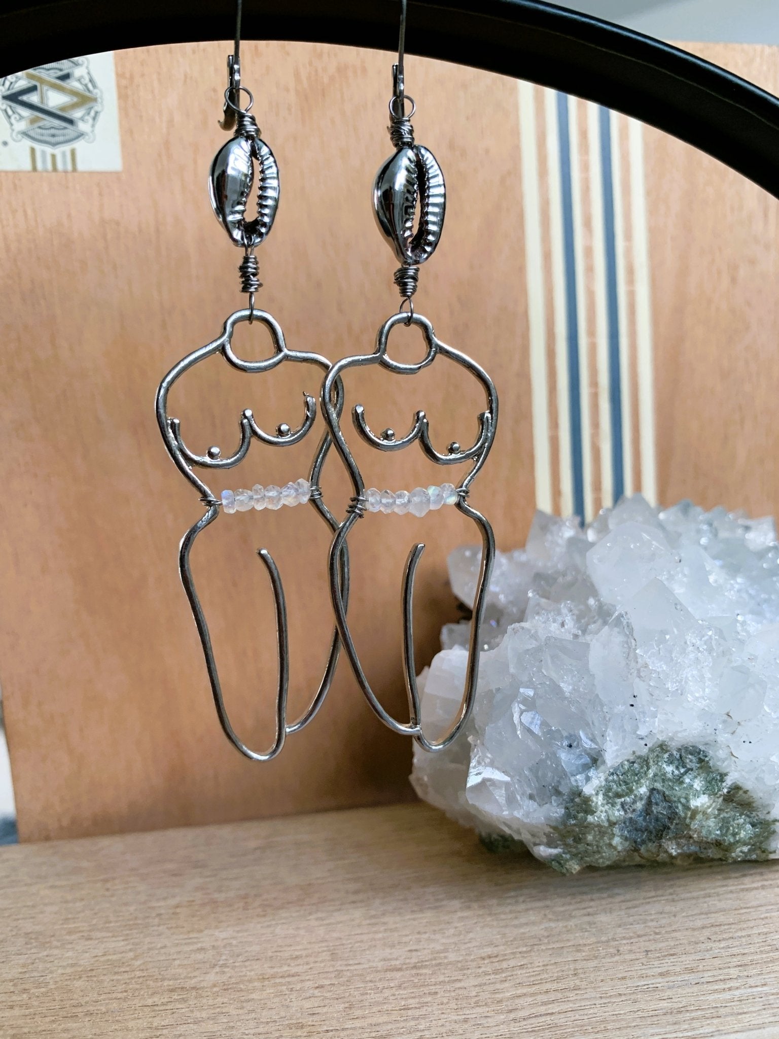Cowrie Shell and Moonstone Waist beads Earrings - We Love Brass