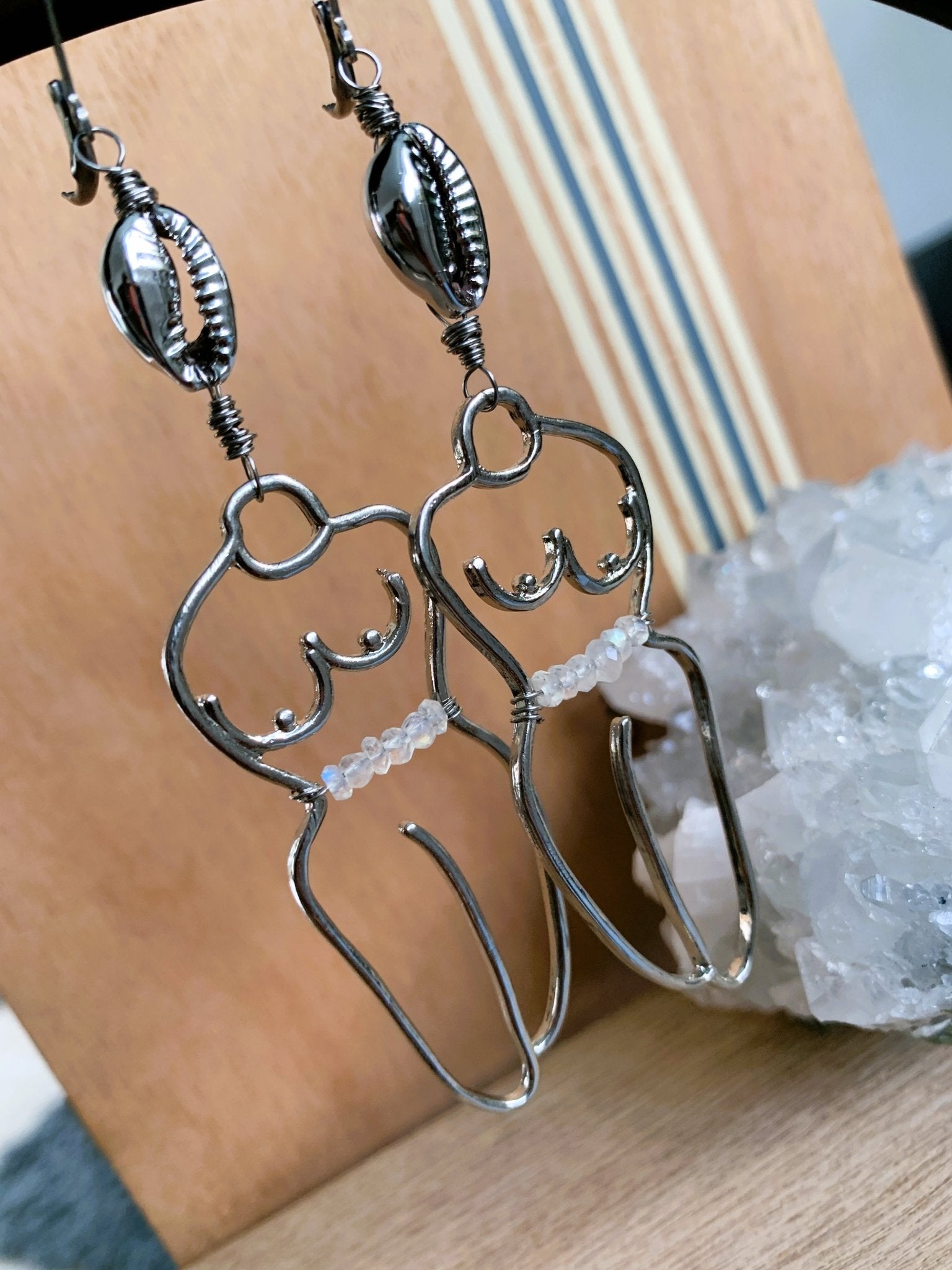 Cowrie Shell and Moonstone Waist beads Earrings - We Love Brass