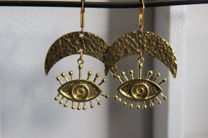 Crazy Eyes Hypnotize Brass Moon Earrings - We Love Brass