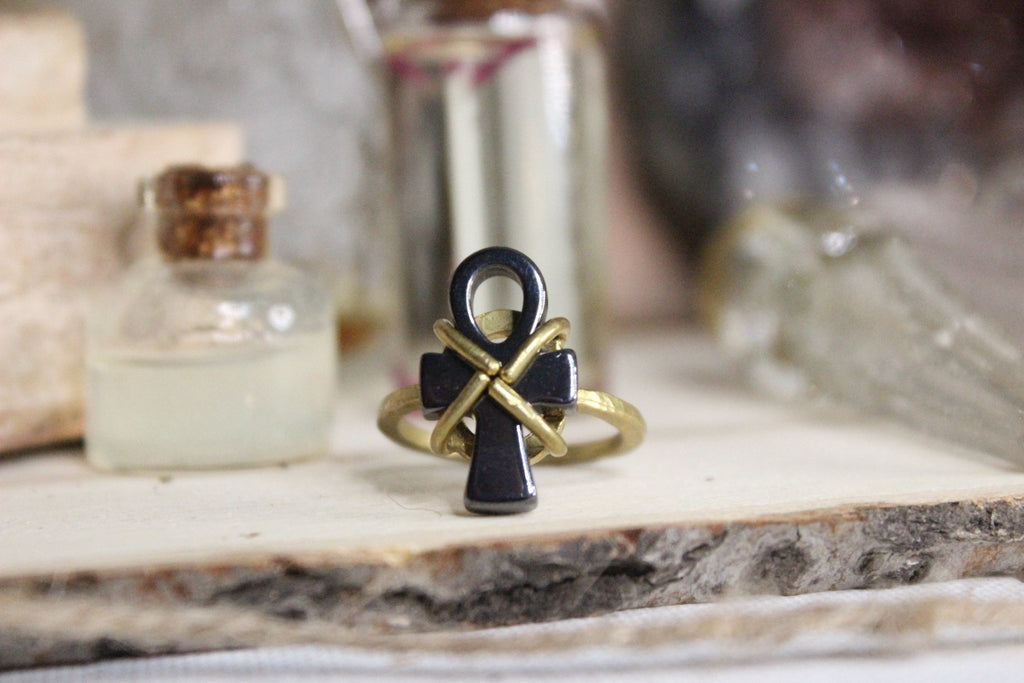 Crystal Ankh Ring - Brass - We Love Brass