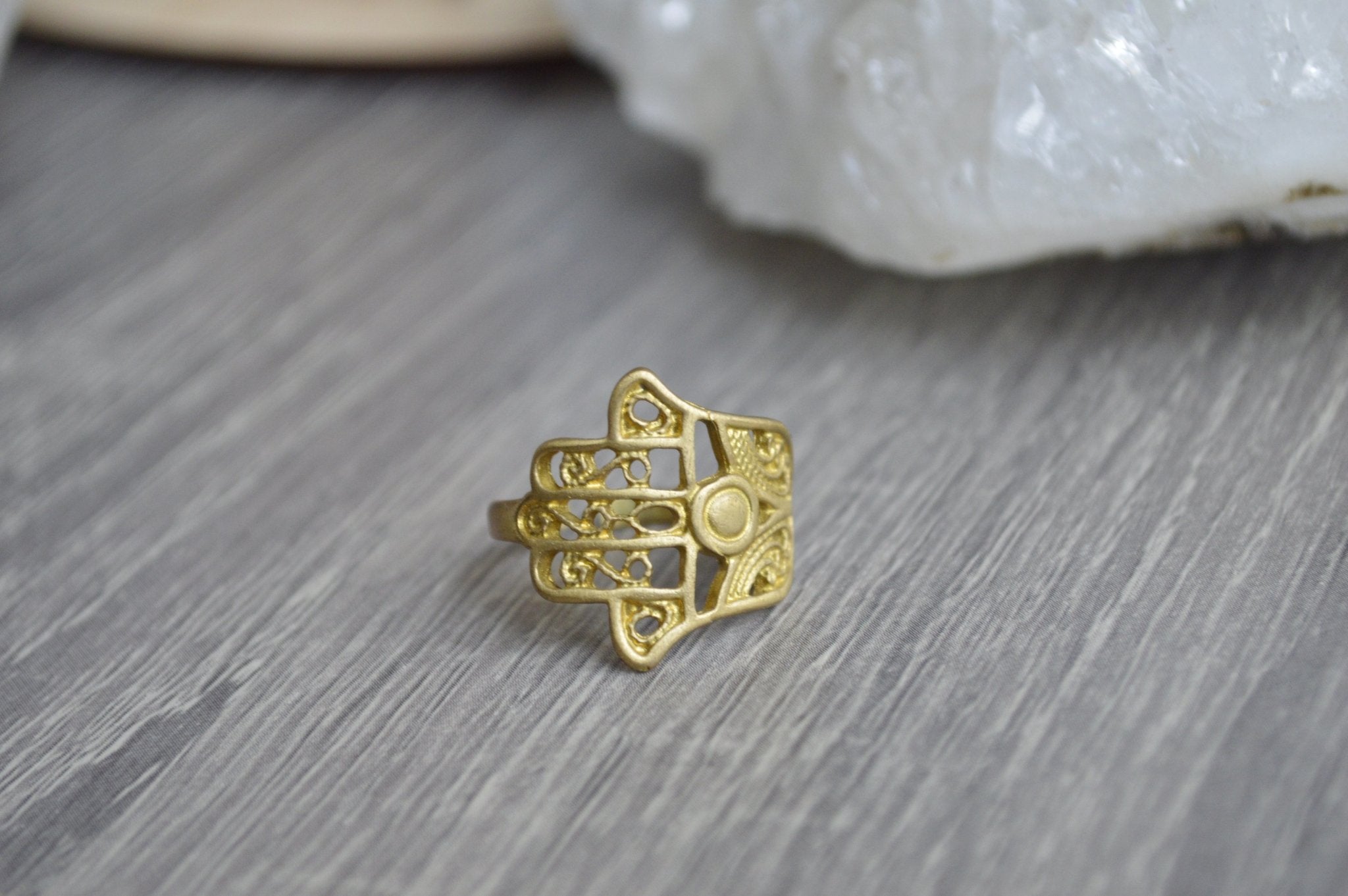 Dainty Brass Filigree Hamsa Ring - We Love Brass