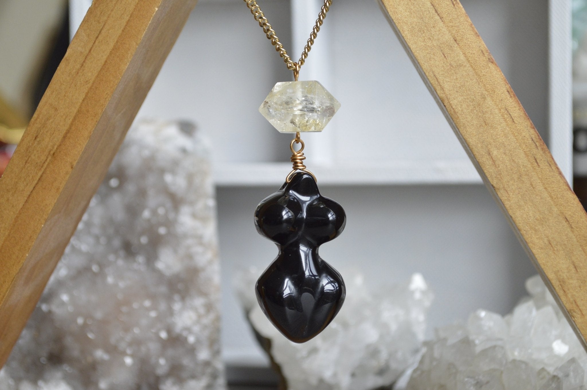 Dark Goddess Rainbow Citrine and Onyx Brass Necklace - We Love Brass