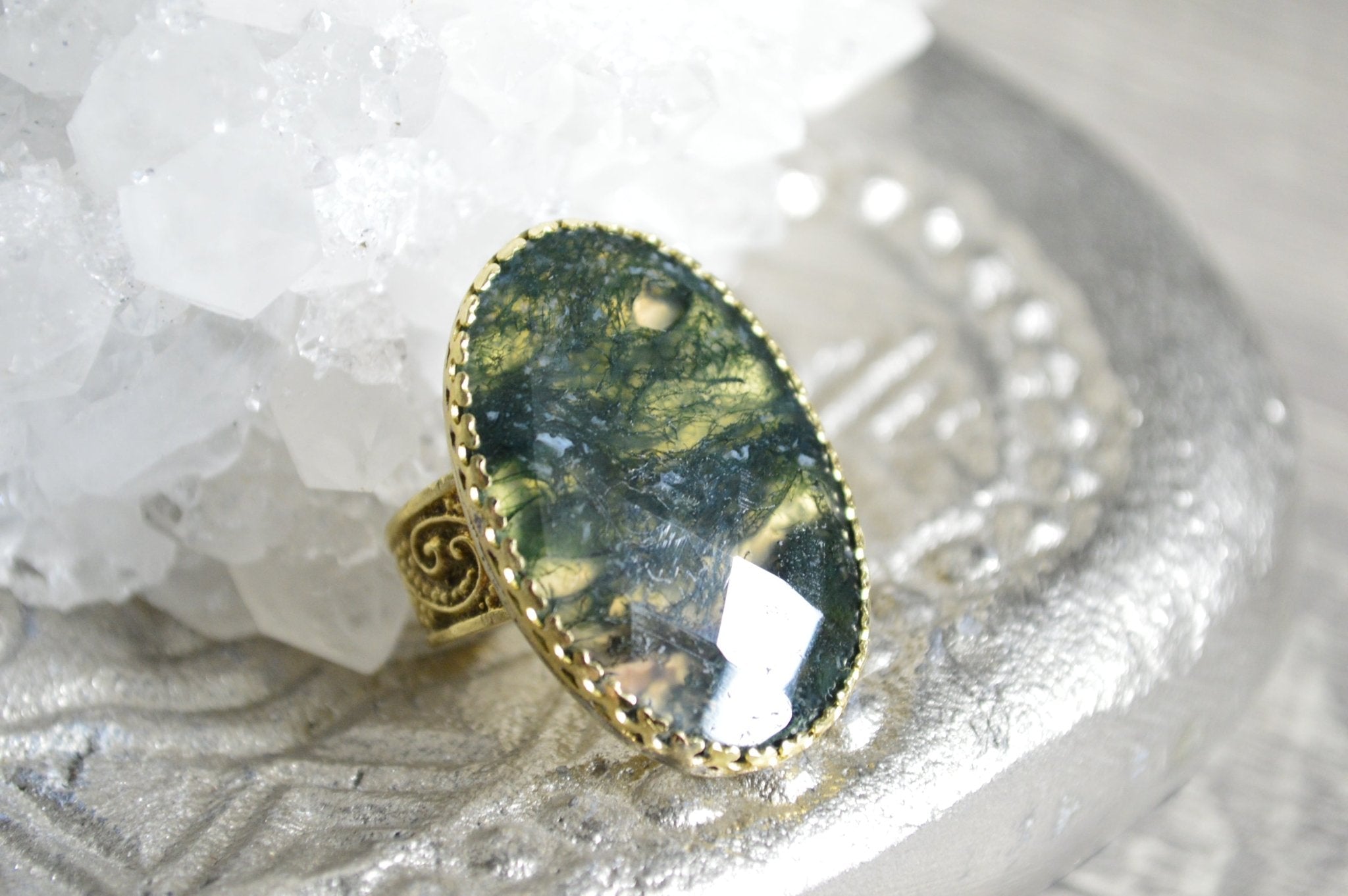 Deep Forest - Faceted Moss Agate Brass Ring - We Love Brass