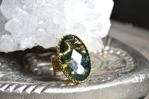 Deep Forest - Faceted Moss Agate Brass Ring - We Love Brass