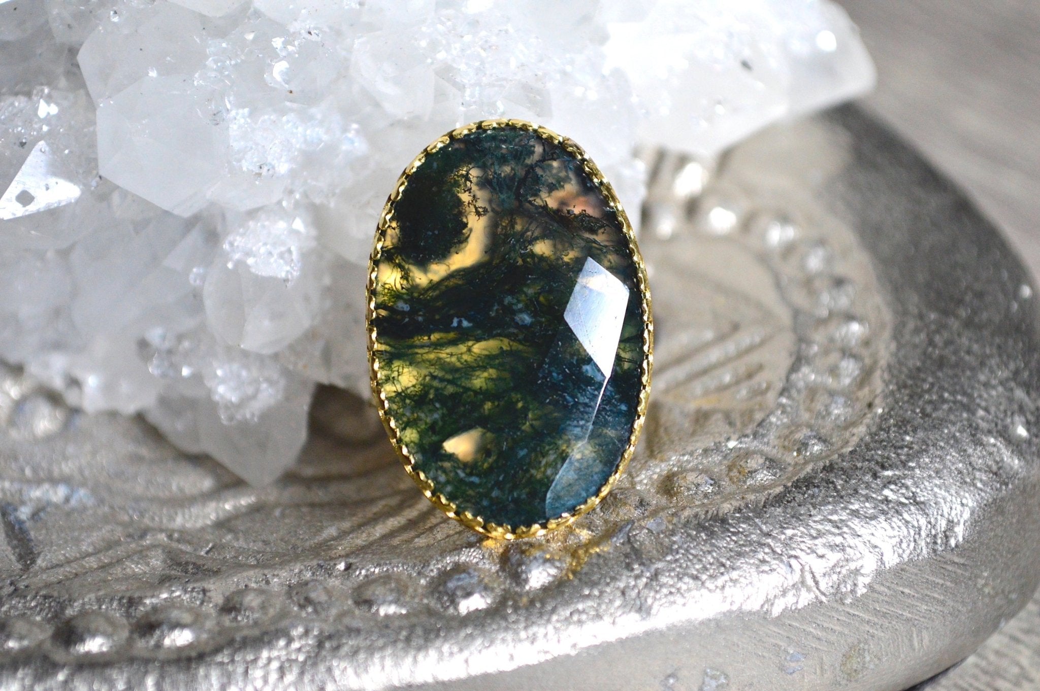 Deep Forest - Faceted Moss Agate Brass Ring - We Love Brass