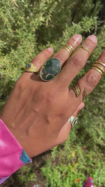 Load and play video in Gallery viewer, Deep Forest - Faceted Moss Agate Brass Ring

