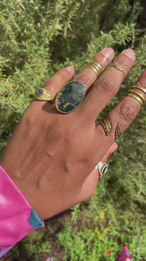 Deep Forest - Faceted Moss Agate Brass Ring