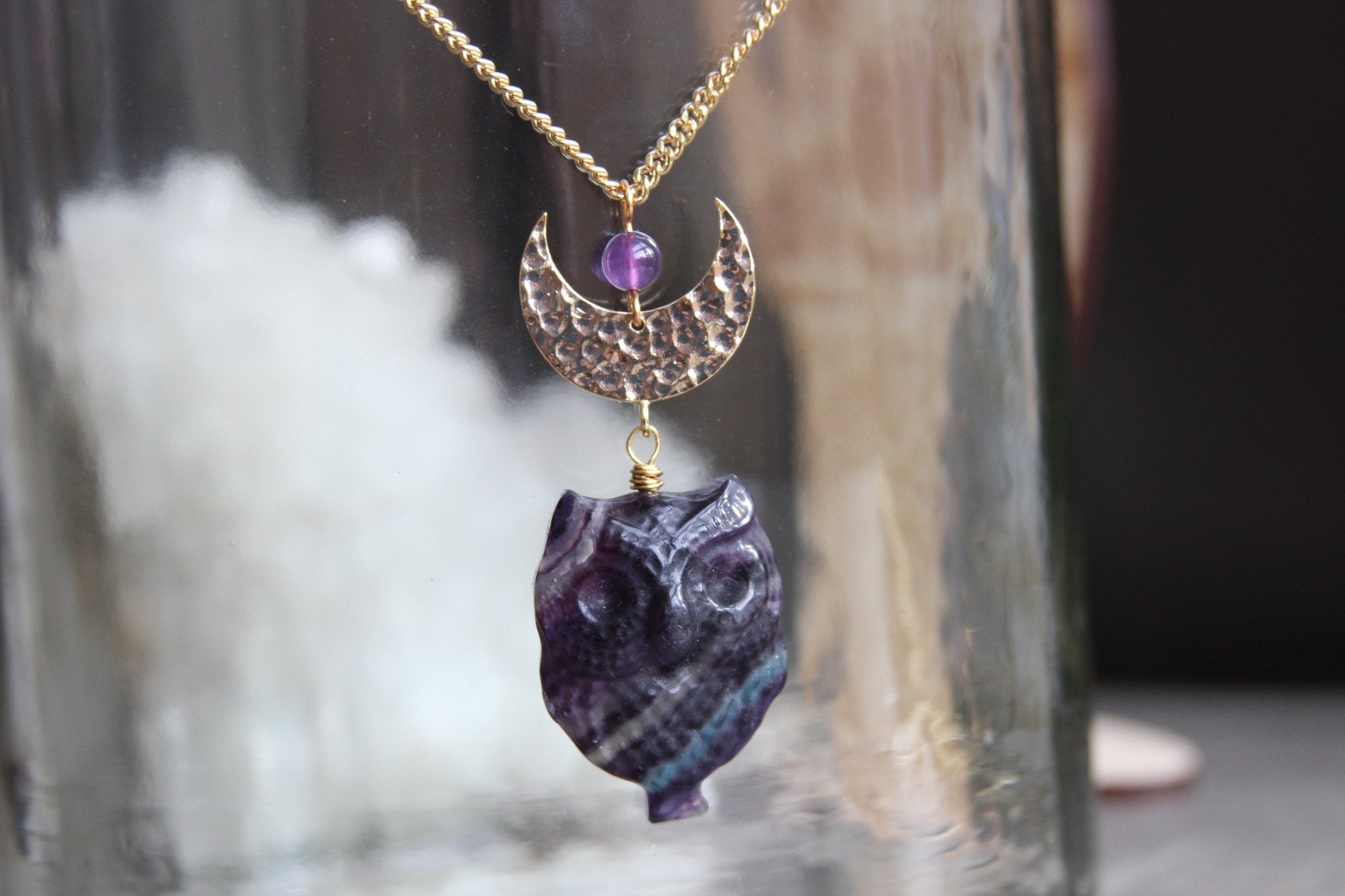 Fluorite Night Owl Brass Crystal Necklace - We Love Brass