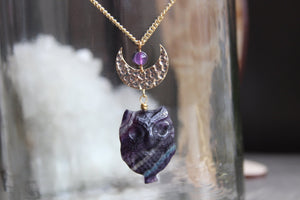 Fluorite Night Owl Brass Crystal Necklace - We Love Brass