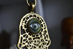 Load image into Gallery viewer, Green Eyes - Brass Hand of Fatima Necklace - We Love Brass
