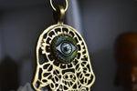 Cargar imagen en el visor de la galería, Green Eyes - Brass Hand of Fatima Necklace - We Love Brass
