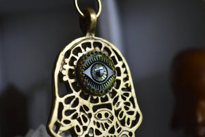 Green Eyes - Brass Hand of Fatima Necklace - We Love Brass