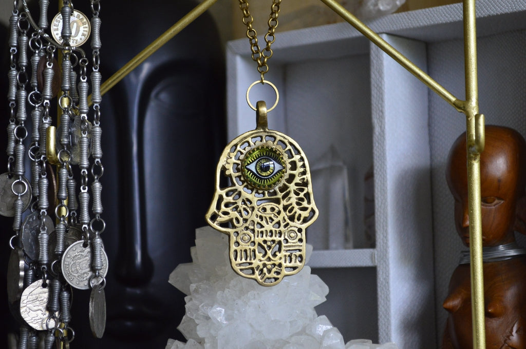 Green Eyes - Brass Hand of Fatima Necklace - We Love Brass
