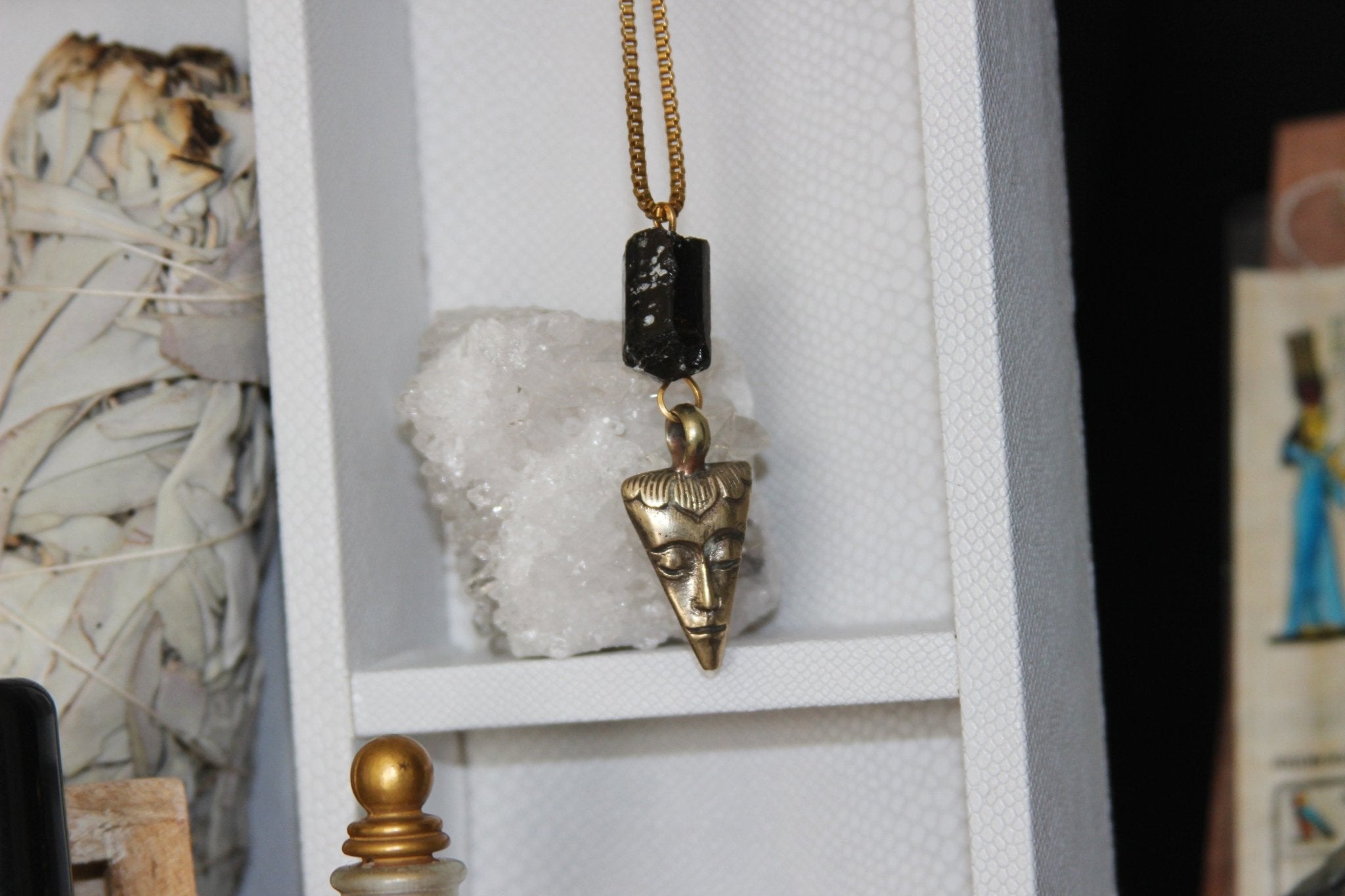 Grounded - Black Tourmaline and Vintage Brass Buddha Necklace - We Love Brass
