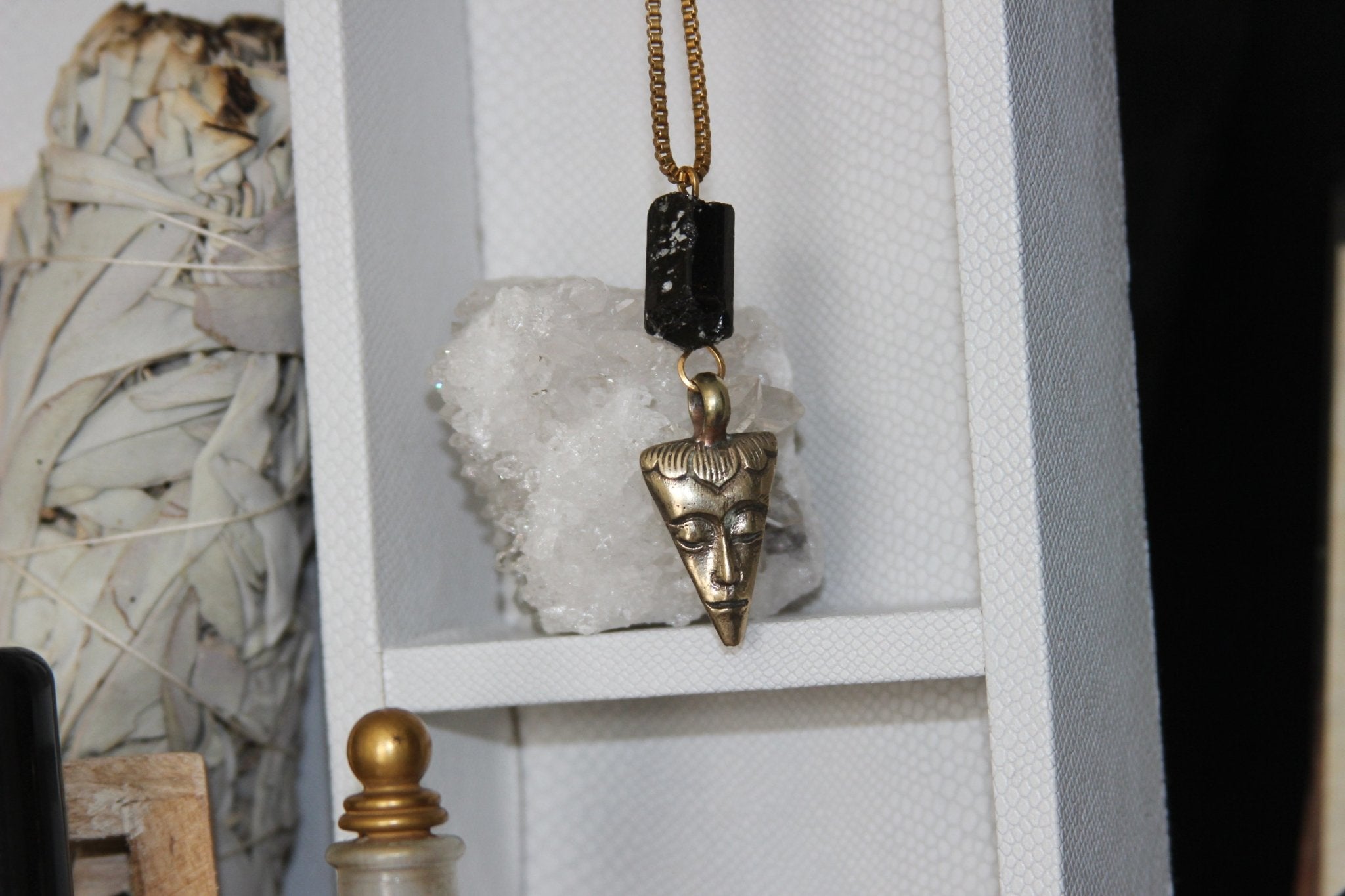 Grounded - Black Tourmaline and Vintage Brass Buddha Necklace - We Love Brass