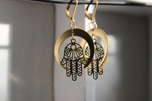 Hamsa Moon Brass Earrings - We Love Brass