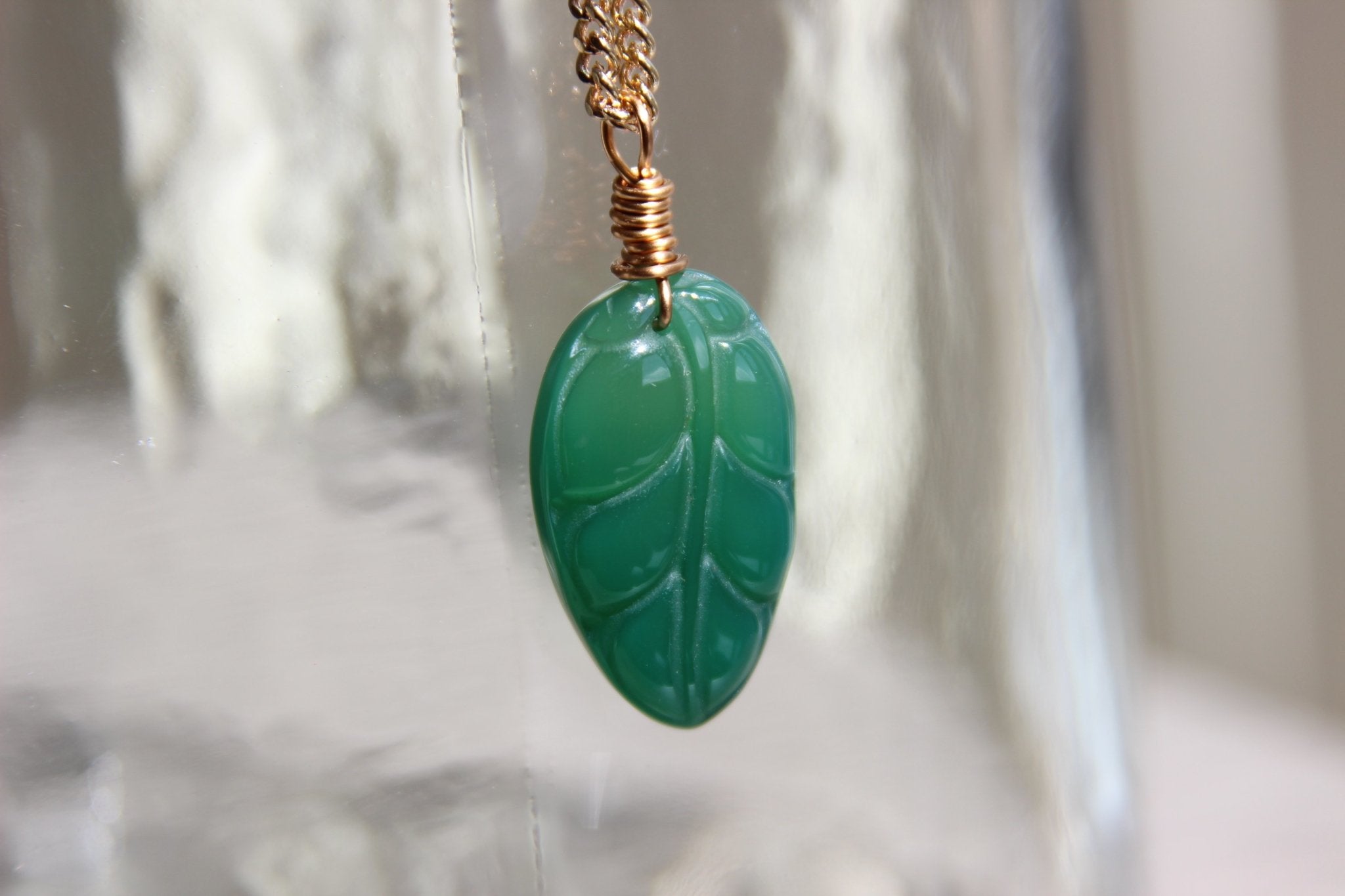 Hand Carved Agate Leaf Brass Necklace - We Love Brass