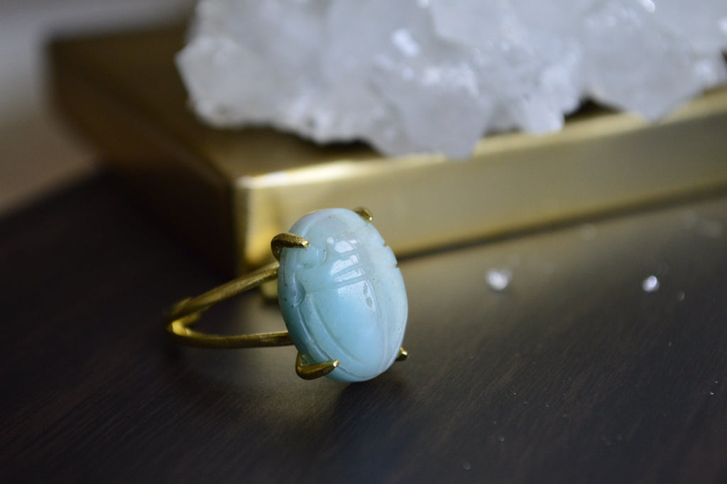 Khepri - Brass Amazonite Scarab Ring - We Love Brass