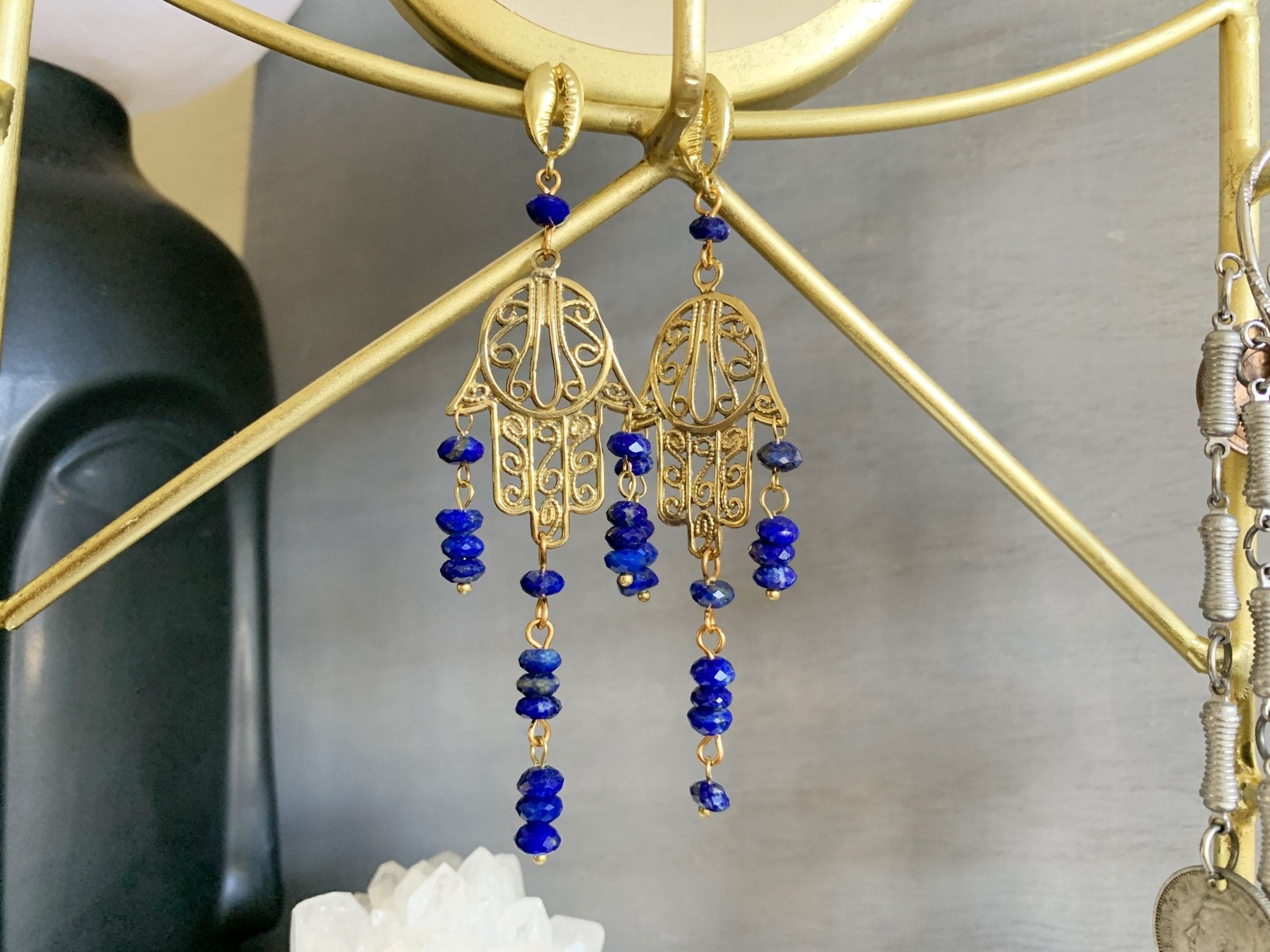 Lapis Lazuli Brass Hamsa Earrings - We Love Brass