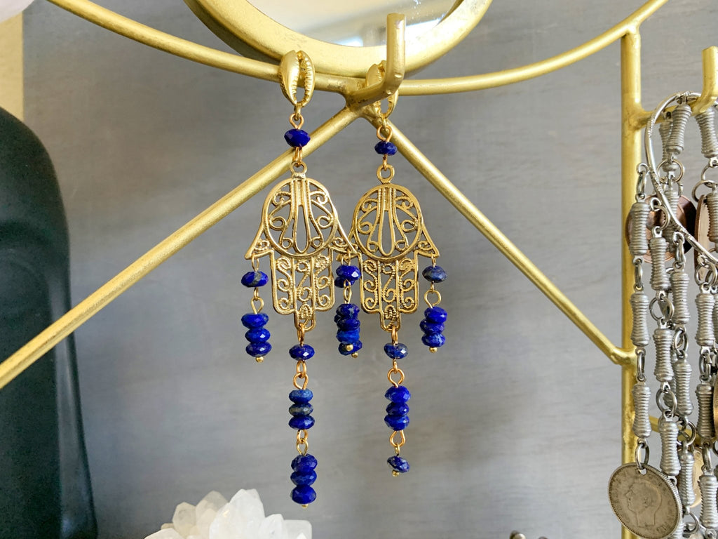Lapis Lazuli Brass Hamsa Earrings - We Love Brass