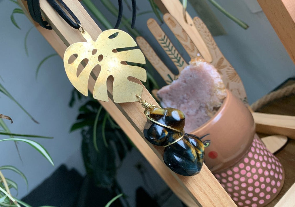Monstera Tiger's Eye Divine Feminine Necklace - We Love Brass