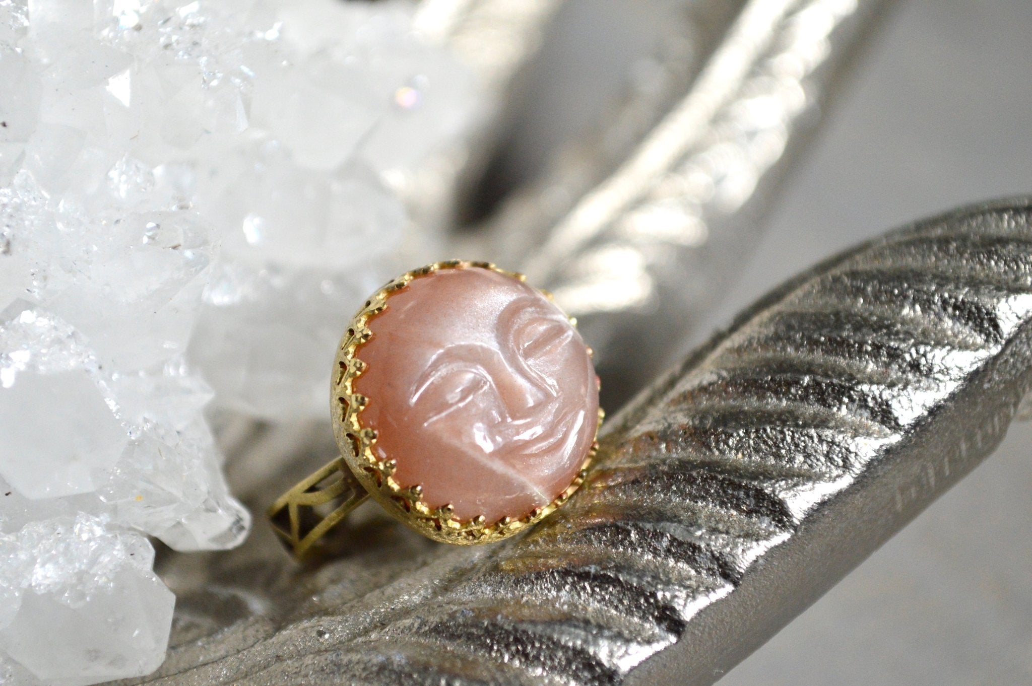 Moon Man - Peach Moonstone Brass Ring - We Love Brass