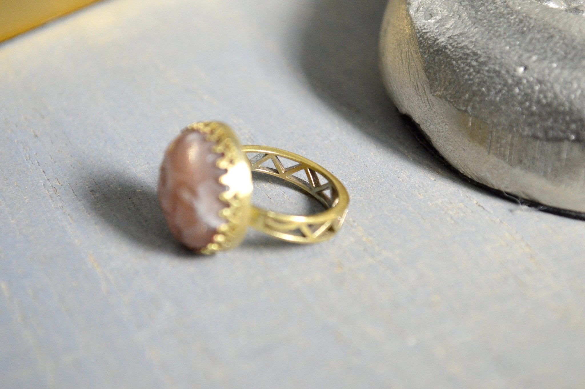 Moon Man - Peach Moonstone Brass Ring - We Love Brass