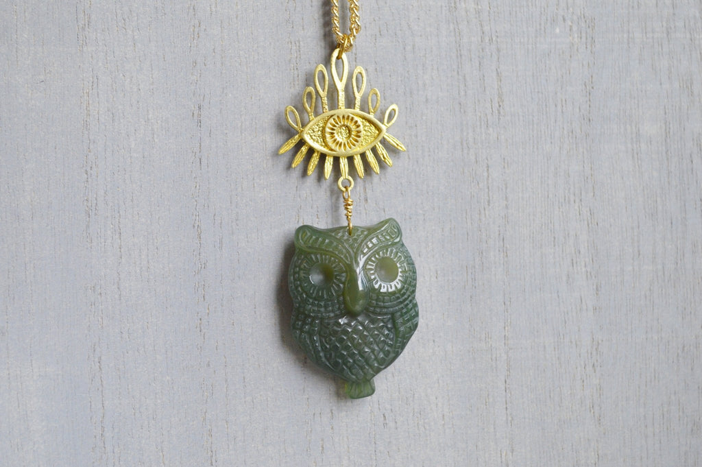 Moss Agate Nigh Owl Evil Eye Brass Necklace - We Love Brass