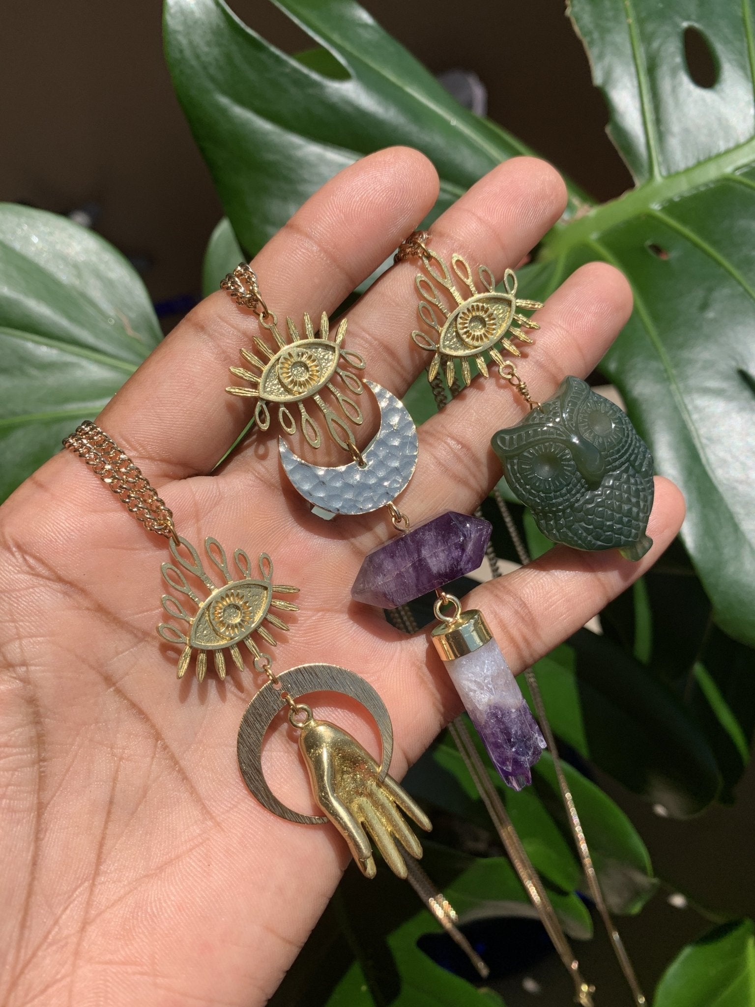 Moss Agate Nigh Owl Evil Eye Brass Necklace - We Love Brass