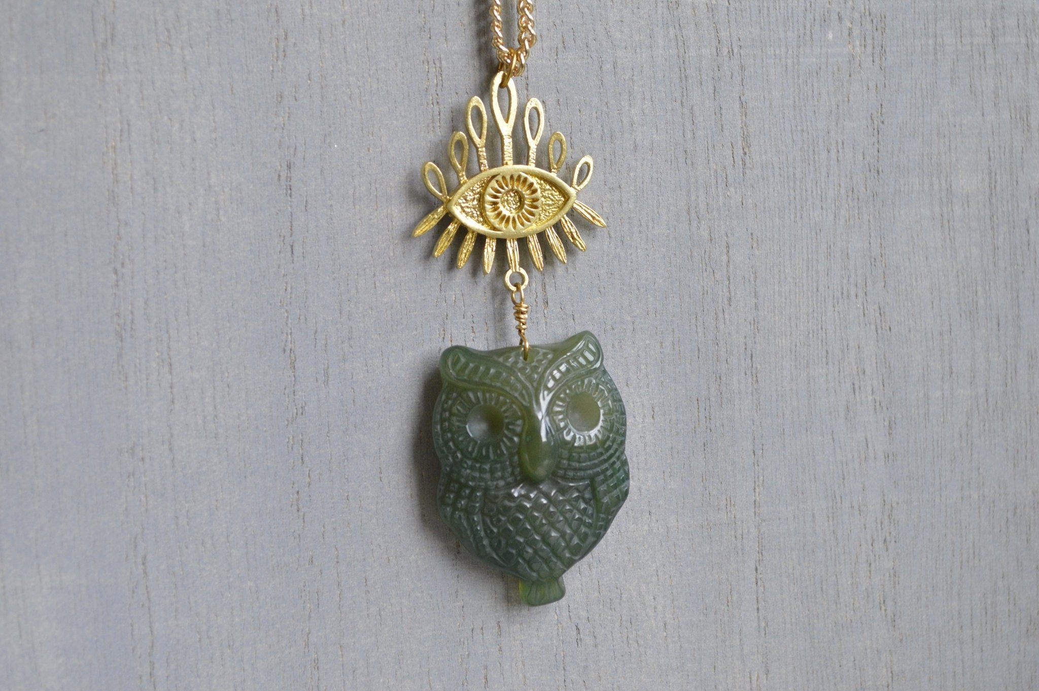 Moss Agate Nigh Owl Evil Eye Brass Necklace - We Love Brass