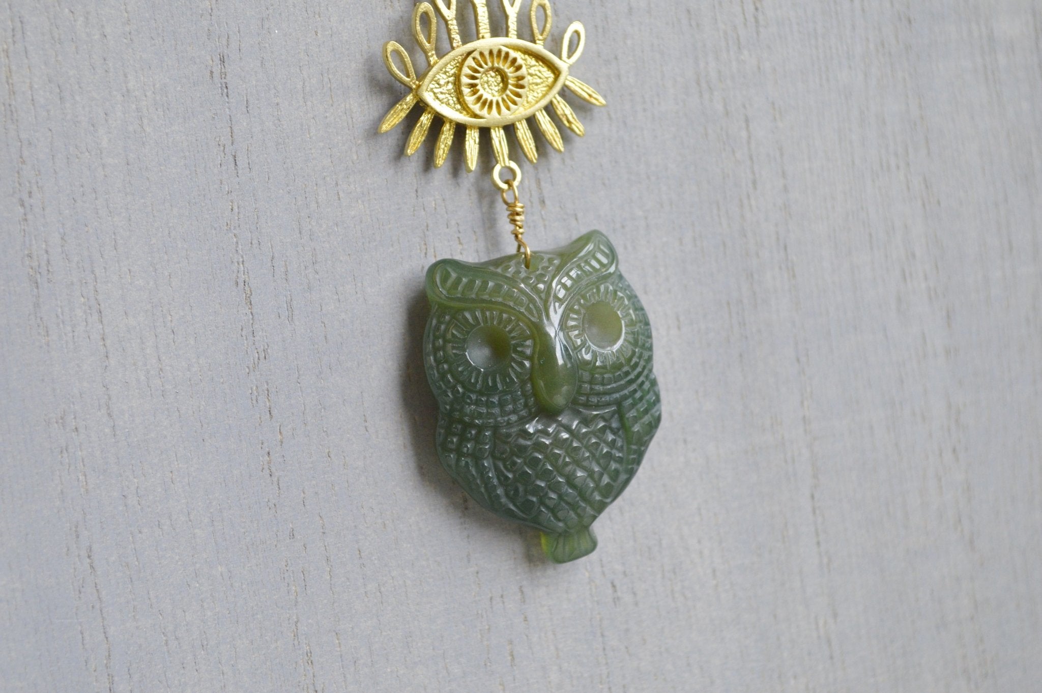 Moss Agate Nigh Owl Evil Eye Brass Necklace - We Love Brass