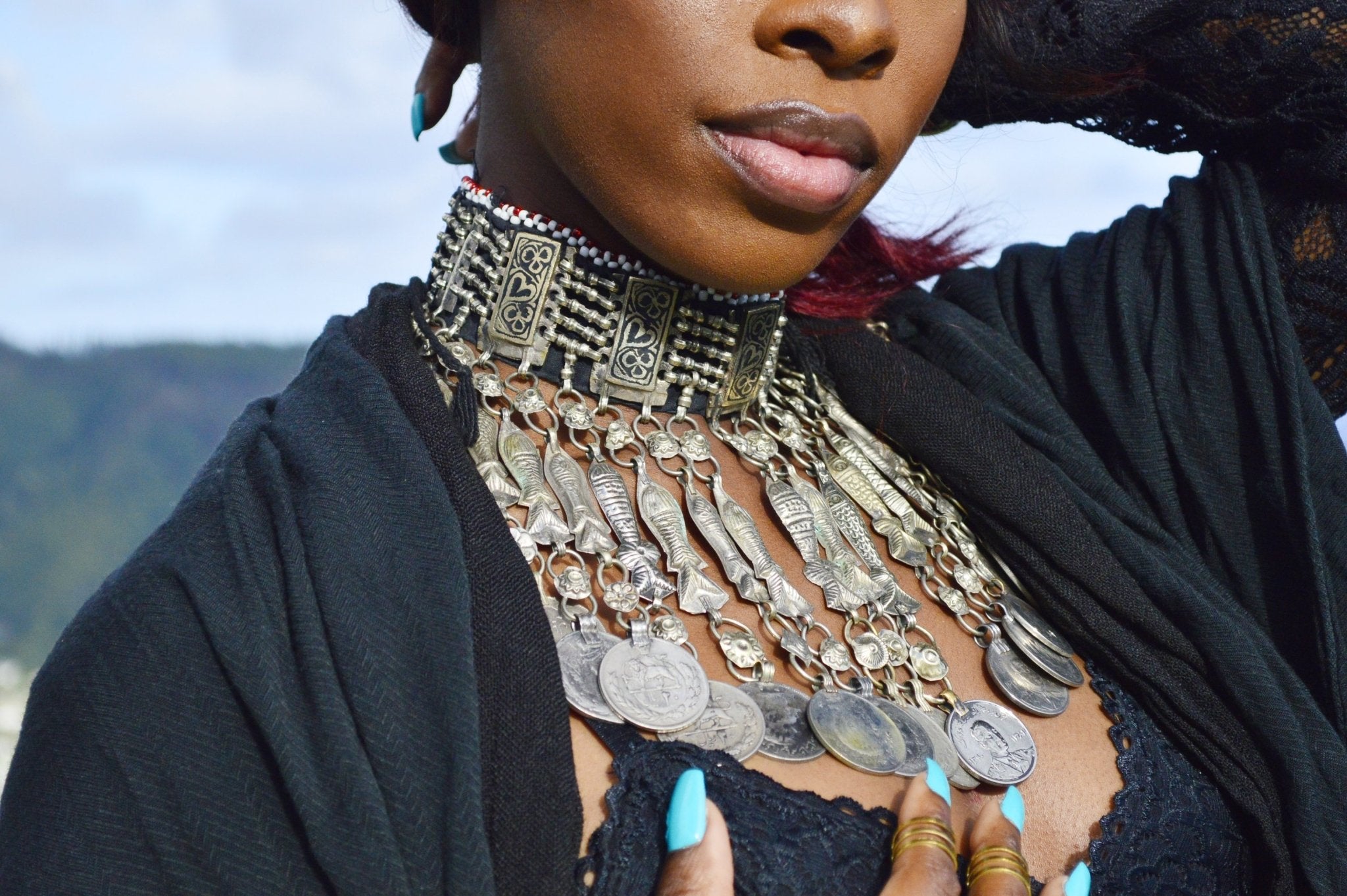 Peixe - Vintage Afghan Metalwork Beaded Choker - We Love Brass