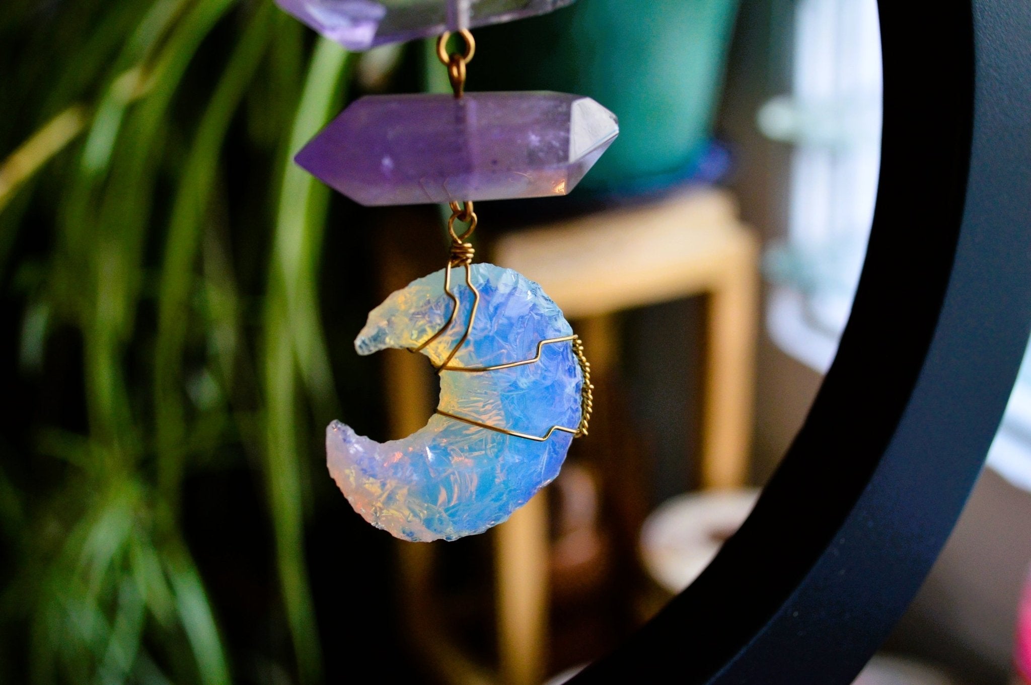 Planets Aligned - Amethyst and Opalite Crescent Moon Brass Necklace - We Love Brass