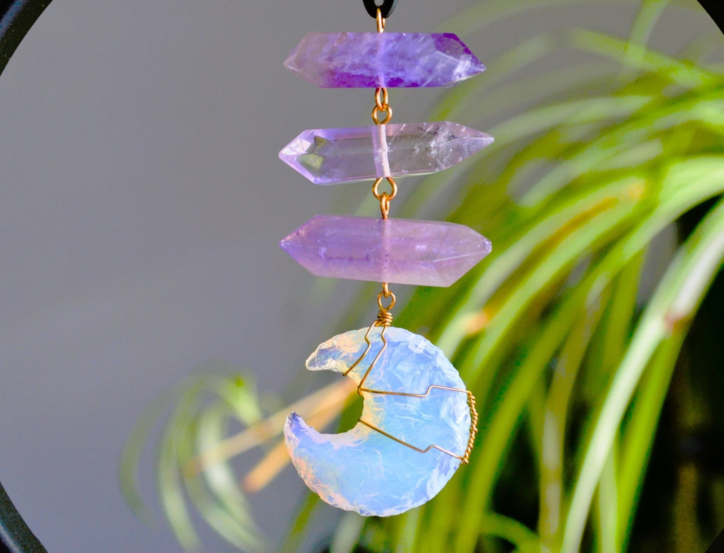 Planets Aligned - Amethyst and Opalite Crescent Moon Brass Necklace - We Love Brass