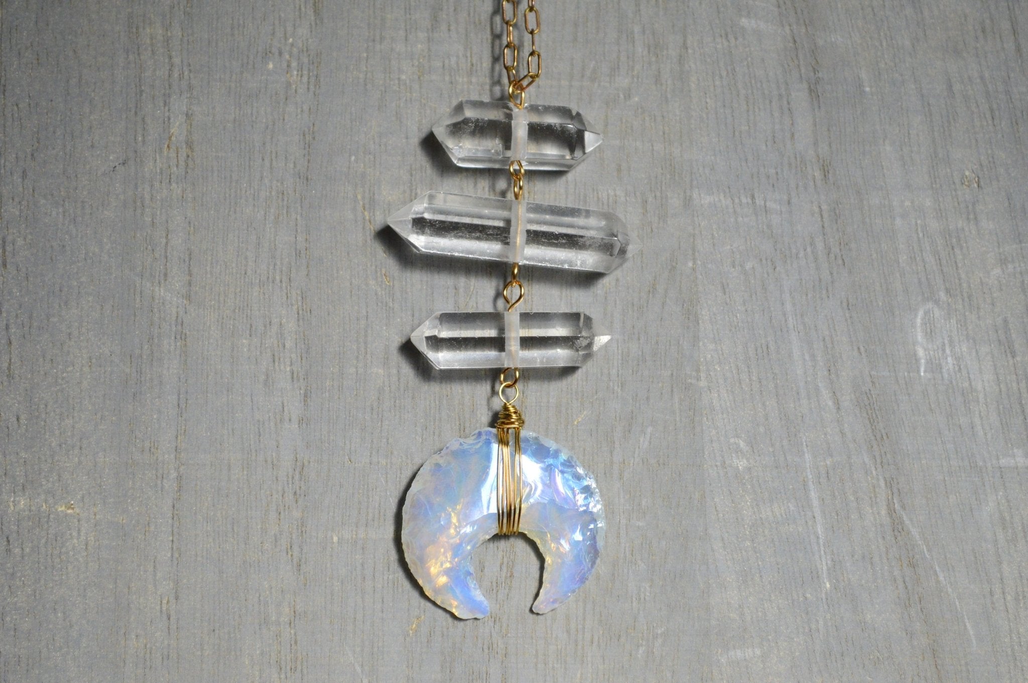 Planets Aligned - Opalite Crescent Moon Brass Necklace - We Love Brass